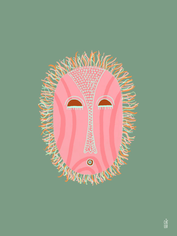 Illustration of pink and orange mask on green background art print inspired by ethical masks