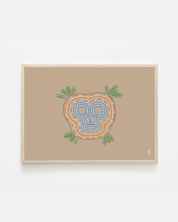 Illustration with lots of colors of a mask on beige background art print inspired by ethical masks