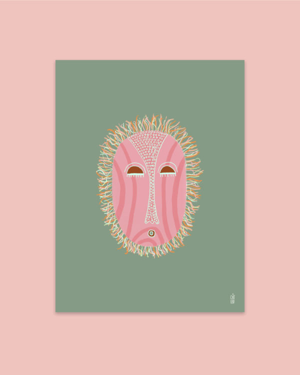 Illustration of pink and orange mask on green background art print inspired by ethical masks