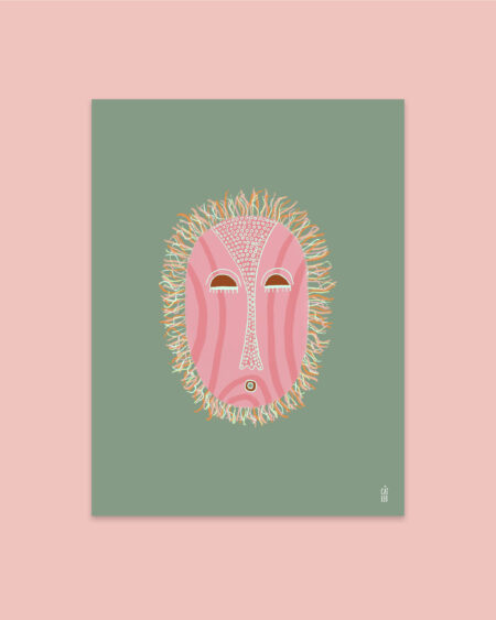 Illustration of pink and orange mask on green background art print inspired by ethical masks