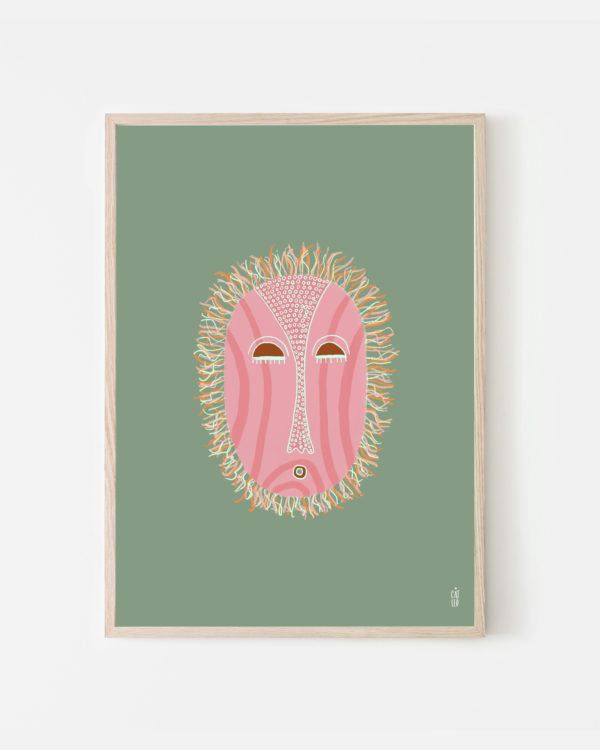 Illustration of pink and orange mask on green background art print inspired by ethical masks