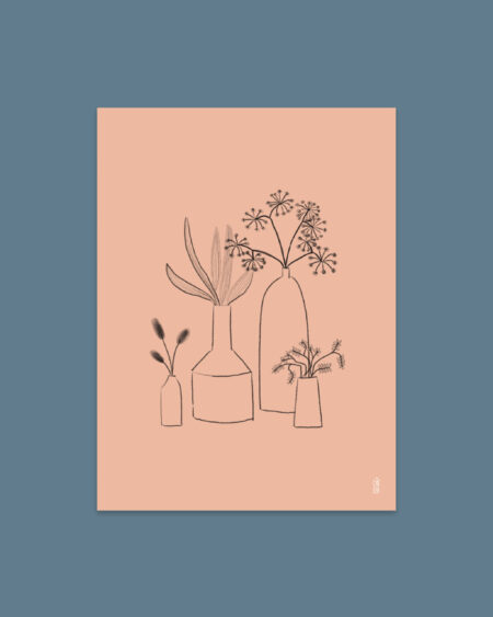 Cat Leo botanical line drawing flower illustration art print on orange background