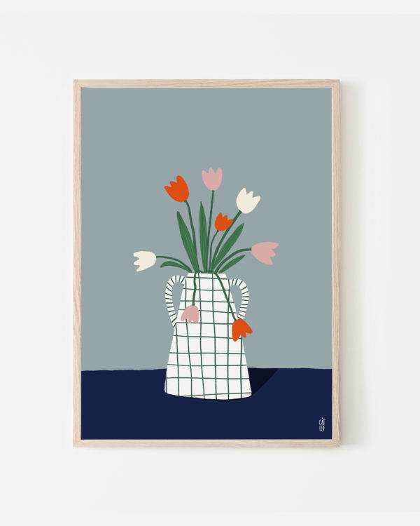 Cat Leo botanical Dutch pink, red and white tulips in vase illustration art print with blue