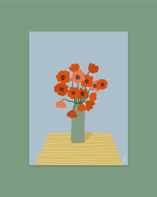 Cat Leo botanical red poppies flower in vase illustration art print with blue and yellow