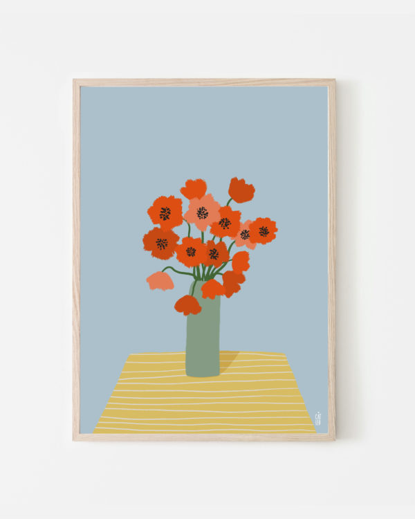 Cat Leo botanical red poppies flower in vase illustration art print with blue and yellow