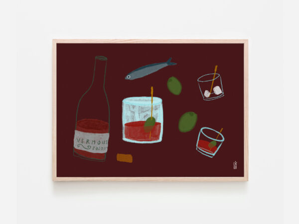 Vermut vermouth art print illustration typical Barcelona food and drinks sardines and olives